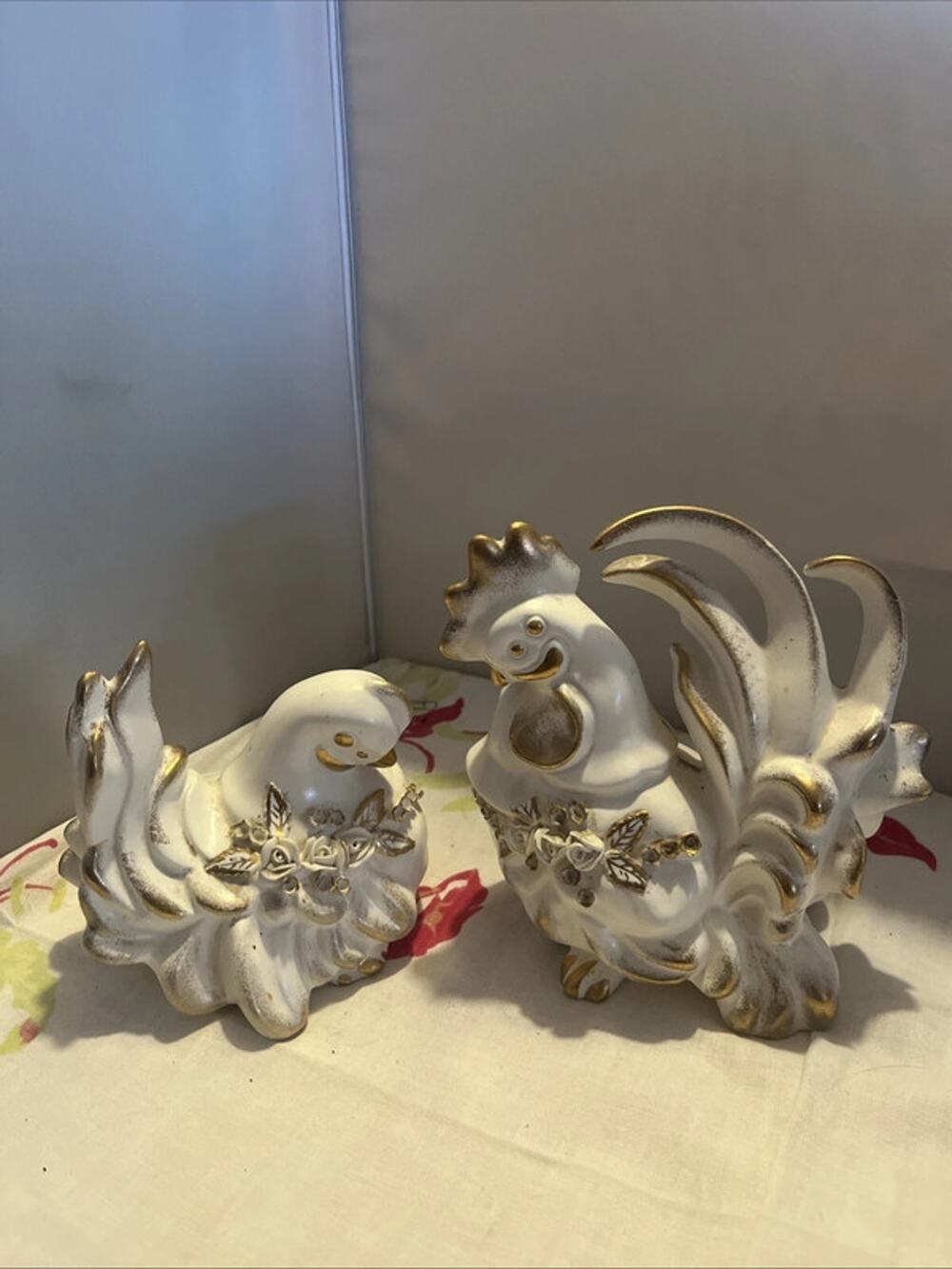 Vintage Rooster & Hen Figurine Japan White & Gold Porcelain MCM Pair